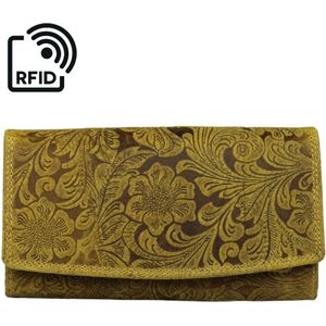 Dames Portemonnee Leer - Okergeel - RFID Anti-Skim Portemonnee - Bloemenprint - Overslag Portemonnee - Cadeau voor Vrouwen