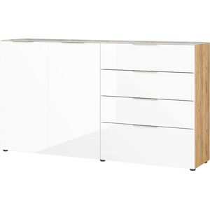 Dressoir Sirmione Eiken - Wit - Breedte 184 cm - Hoogte 102 cm - Diepte 42 cm - Met lades - Met planken - Met openslaande deuren