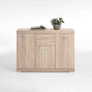 Dressoir Hermes Eiken - Breedte 120 cm - Hoogte 89.9 cm - Diepte 34.9 cm - Met lades - Met planken - Met openslaande deuren