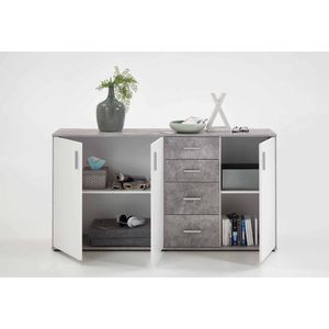 Dressoir Ares Beton Wit - Breedte 160.1 cm - Hoogte 83 cm - Diepte 35 cm - Met lades - Met planken - Met openslaande deuren