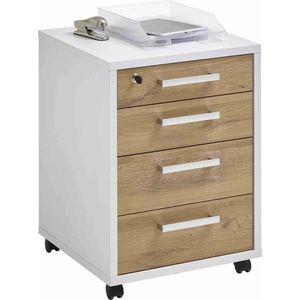Ladeblok Nereus Eiken - Wit - Met wielen - Met slot - Met lades - Breedte 48 cm - Diepte 49.5 cm - Hoogte 65.5 cm