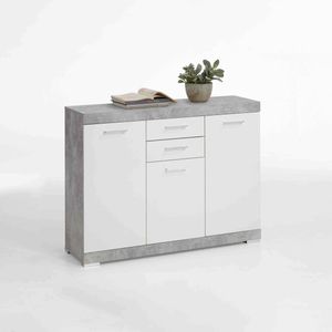 Dressoir Hermes Beton Wit - Breedte 120 cm - Hoogte 89.9 cm - Diepte 34.9 cm - Met lades - Met planken - Met openslaande deuren