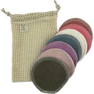 LanaLuna - wasbare wattenschijfjes + wasnetje - 7 stuks in diverse kleuren - herbruikbare wattenschijfjes - biologische katoen - gemaakt in Nederland - makeup pads - zero waste - kleuren rozenhout, roze, naturel, blauw, paars, poederroze, legergroen