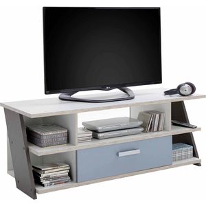 TV-meubel Lando Wit Zandeiken - Breedte 135 cm - Hoogte 51.6 cm - Diepte 50 cm - Met lades - Met planken - Zonder deuren