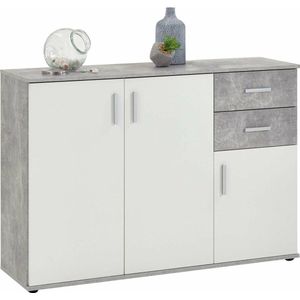 Dressoir Ares Beton Wit - Breedte 120.5 cm - Hoogte 83 cm - Diepte 35 cm - Met lades - Met planken - Met openslaande deuren