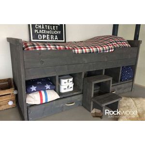 Rockwood® Kajuitbed Steigerhout Tijn met lattenbodem grey wash