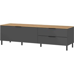 TV-meubel Amalfi Eiken Grafiet - Breedte 164 cm - Hoogte 47 cm - Diepte 47 cm - Met lades - Met openslaande deuren
