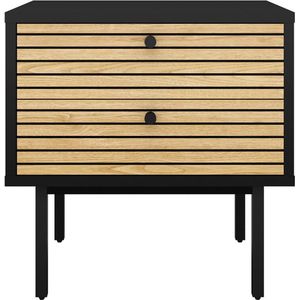 Nachtkastje Madeira Eiken Zwart - MDF - Breedte 50 cm - Hoogte 50 cm - Diepte 40 cm - Met lades - Met planken - Zonder deuren