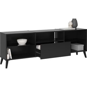 TV-meubel Raven Zwart - Breedte 140 cm - Hoogte 40 cm - Diepte 32 cm - Met lades - Met planken - Met openslaande deuren