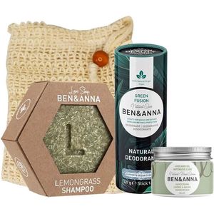 BEN&ANNA - 4 Pak Groen - Deodorant Green fusion, Love soap lemongrass, Intensive care hand crème en een zeepzakje.