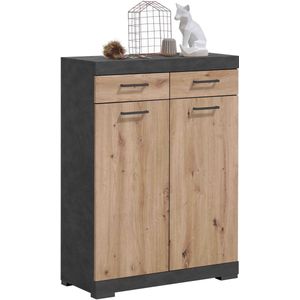 Opbergkast Hermes Artisan Eiken Matera - Breedte 80 cm - Hoogte 109.1 cm - Diepte 34.9 cm - Met lades - Met planken - Met openslaande deuren