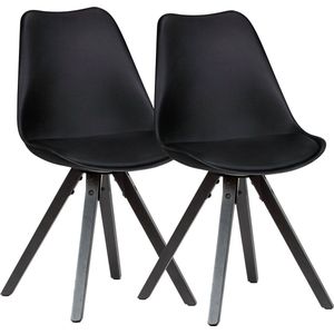 Eetkamerstoelen Zwart met Zwarte Poten - Set van 2 Retro - Scandinavisch gestoffeerde stoel met rugleuning - Keukenstoel bekleed met kunstleer