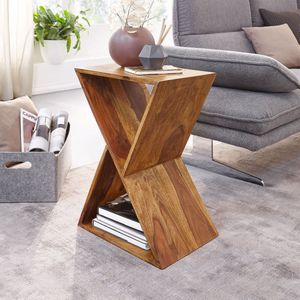 Bijzettafel - Woonkamertafel met Planken - Kleine salontafel van echt hout - X-vorm - Sheesham massief hout - 43x60x30 cm