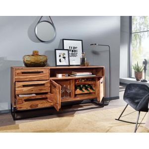 Rootz Wijnrek - Industrieel Dressoir - Massief Sheeshamhout en Metaal - Ladekast Home Bar - 165x80x40 cm