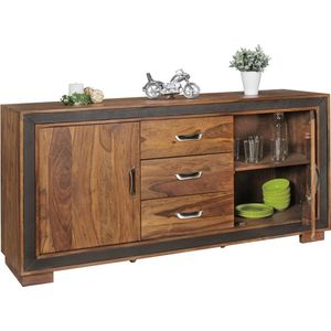 Dressoir - Sheesham Massief Hout - Rustieke Landelijke Stijl - Ladekast met Laden en Deurtjes - Imitatieleer - 160x44x80cm