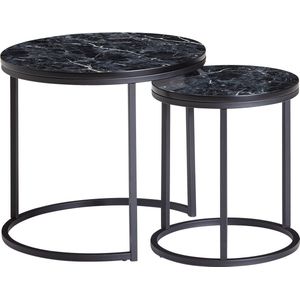 Ronde bijzettafels - set van 2 zwarte marmerlook - salontafel met metalen frame - moderne bijzettafels voor kleine woonkamer