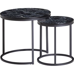 Rootz ronde bijzettafels - set van 2 zwarte marmerlook - salontafel met metalen frame - moderne bijzettafels voor kleine woonkamer