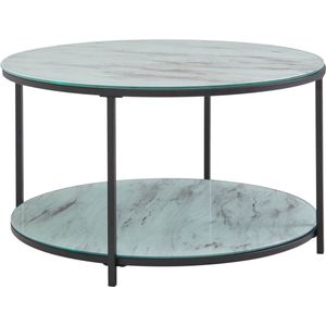 Rootz Glazen salontafel in marmerlook - Moderne ronde woonkamertafel met opbergruimte - Zwart en wit - Metalen salontafel - Kleine bijzettafel - 80x80x45 cm