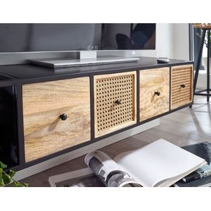 Rootz TV-meubel - Hangend Lowboard - Modern Design TV-meubel - Wandgemonteerd TV-meubel - Hangend TV-dressoir - Zwart - Mango Massief Hout en Metaal - 150x25x35 cm