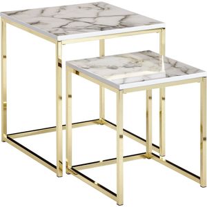 Rootz Bijzettafels - Set van 2 Wit Marmeren Optiek Hoekig - Salontafel met goudkleurig metalen frame - Moderne vierkante bijzettafels