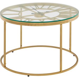 Rootz Gouden Salontafel met Decoratieve Klok - Glas & Metaal - Modern Design - Kleine Ronde Tafel - 60x60x43 cm