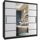 Moderne Zwarte Kledingkast –Spiegel en 2 Lades - Ruime Opbergruimte- 216 x 200 x 60 cm