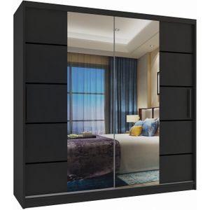 Moderne Zwarte Kledingkast –Spiegel en 2 Lades - Ruime Opbergruimte- 216 x 200 x 60 cm