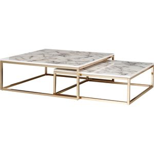 Rootz Salontafel - Set van 2 Wit Marmeren Optica Design - Goudkleurig metalen frame - Moderne bijzettafels voor een elegante woonkamer