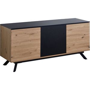 Rootz Dressoir - Ladekast met 3 deuren - Moderne halkast - Vloerstaande kast met metalen poten - Eiken decor - Zwart MDF - 135x64x40 cm