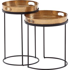 Rootz ronde salontafel - Set van 2 goud-zwarte metalen bijzettafels met hamerslagafwerking - ronde salontafel met afneembaar blad - moderne 2-delige dienblad-banktafel