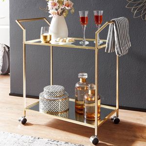 Rootz Serveerwagen - Keukentrolley van glas en metaal - Mobiele bijzettafel - Eetwagen met glazen blad - Minibar Theewagen - Goud Design - 73x78x37 cm