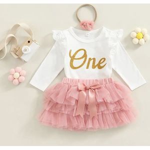 Verjaardag Outfit Baby 1 Jaar - Lang - Birthday Dress - Maat: 80/86 - Eerste Verjaardag - Romper & Tutu Rok - Verjaardagsjurk - Jurk voor Eerste Verjaardag - Baby 1 Jaar Jurk - Feestjurk - Kleur: Roze & Goud - Hoera 1 Jaar! - Verjaardag Jurk Dochter
