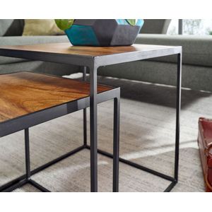 Rootz Woonkamertafelset - 2-delige metalen bijzettafel & industriële design vierkante salontafel - vierkante bijzettafel - nesttafel placemat - mango massief hout