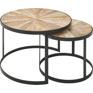 Rootz Nesting Tables - Rond Design - Set van 2 Bruine Salontafel met Metalen Poten - 2-delige Placemat Nesting Table in Hout en Zwart Metaal - Mango Massief Hout