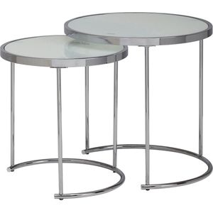 Rootz Ronde Bijzettafel Set - Wit Zilver - Glazen Blad - Woonkamer Nesttafel - Melkglazen Salontafel - 50-42 cm