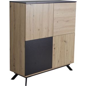 Rootz Highboard 4-deurs ladekast - Moderne halkast - Vrijstaand dressoir met metalen poten - Zwart MDF - Eiken decor - 110x125x40 cm v