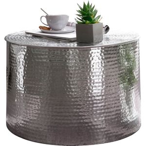 Rootz Bijzettafel - Oosters Rond Zilver - Aluminium - Platte gehamerde metalen salontafel - Modern design woonkamertafel - Kleine Indiase loungetafel - 61x40,5x61cm