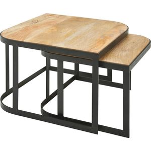 Rootz salontafels - lichte woonkamertafel - industriële bijzettafel met zwarte metalen poten - 2-delige houten placemat bijzettafels - set van 2 mangohout en metaal