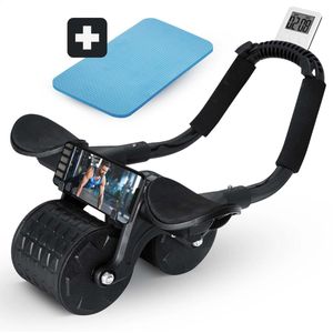 BenK UltraFit - Ab Roller - Geavanceerde Buikspiertrainer met Stille Rebound Wielen – Ab Wheel - Inclusief Gratis Premium Kniemat en Professioneel Springtouw - Smartphonehouder & Timer - Zwart