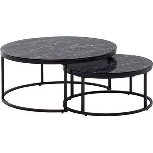 Rootz salontafels - ronde salontafels met zwarte marmerlook - modern design - 2-delige metalen bijzettafel - set van 2 bijzettafels voor de woonkamer