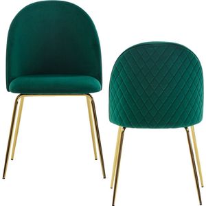 Rootz Eetkamerstoel - Set van 2 Fluweelgroen Gestoffeerd - Keukenstoel met Gouden Poten - Scandinavische Schelpstoel - Gestoffeerde stoel met fluwelen bekleding