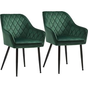 Eetkamerstoel Crawford - Fauteuil - Met Armleuningen - Zitbreedte 49 cm - Metalen poten - Fluwelen bekleding - Draagvermogen tot 110 kg - Groen