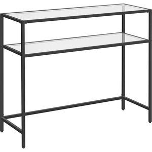 Console Tafeleinde Permelia - 2 Tier - Gehard Glas - Opbergrek - Metalen Frame - Verstelbare Voeten - Zwart