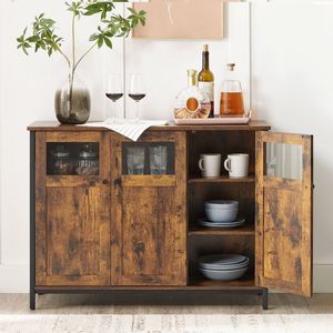 Dressoir Keukenkast Lewin - Opbergkast met Glazen Deuren - Woonkamer - Keuken - Eetkamer - Stalen Frame - Industriële Stijl - Vintage Bruin/Zwart