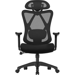 Bureaustoel George - Ergonomische Bureaustoel - Computerstoel - Mesh Chair - Verstelbare Lendensteun - Hoofdsteun - Draagvermogen tot 150 kg - Hoogte Verstelbaar - Zwart