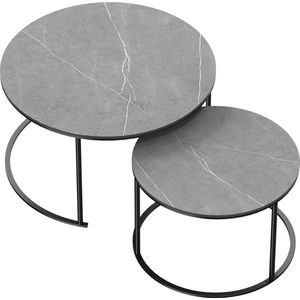 Moderne Salontafel Marmer Look - Koffietafel - Set van 2 - Bijzettafel - 2 Stuks - Ronde Moderne Salontafel - Zwart - Grijs - 80 en 60 cm