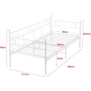 Eenpersoonsslaapbank Emilie - 3-zitsbank - 90x200 cm - Wit - Vintage Design - Metalen bedframe