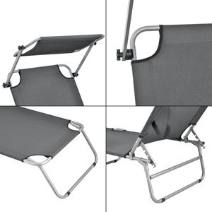 Ligbed Jonty - met Luifel - 186x55x24 cm - Set van 2 - Donkergrijs en Mat Zilver - Verstelbare Luifel