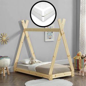 Kinderbed Marje - Tipi - Met bedbodem en matras - 70x140cm - Houtkleurig - Jongensbed - Meisjesbed - Modern Design