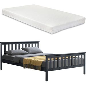 Houten Bed Maxene - Grenen - Met Matras - 180x200 cm - Donkergrijs - Klassiek Design